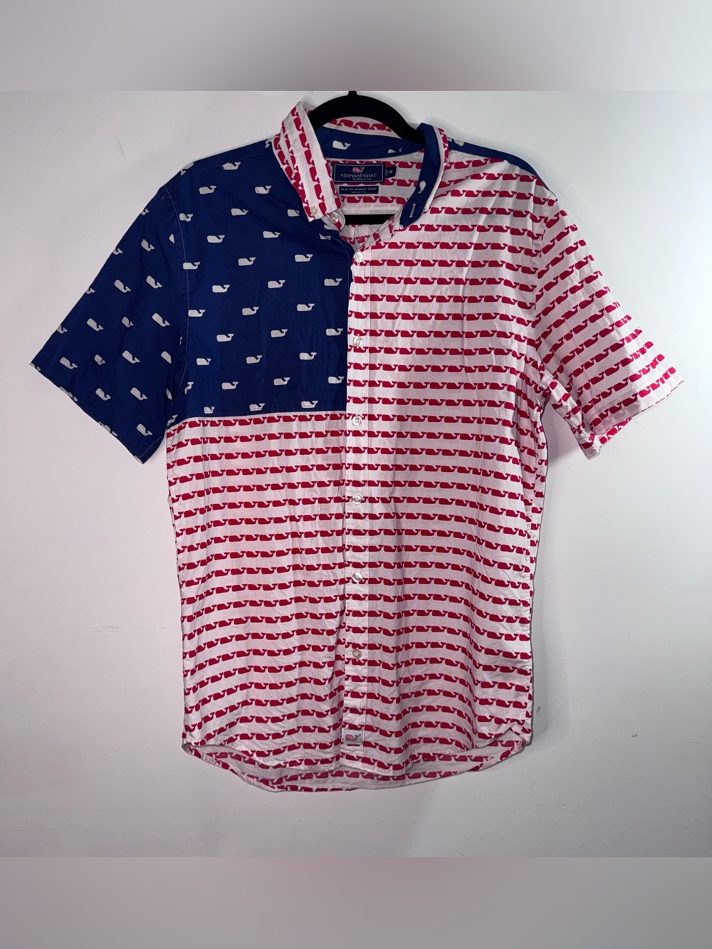Vineyard Vines Slim Fit Murray Shirt Medium USA Flag Whale 100% Cotton